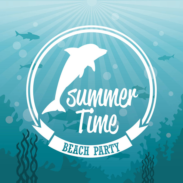 színes háttér tengeri táj víz alatti, és a logó nyári idő silhouette delfin - Vektor, kép