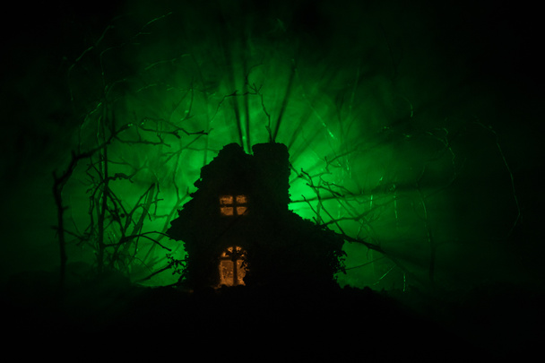 Casa velha com um fantasma na floresta à noite ou Abandonada Haunted Horror House no nevoeiro. Antigo edifício místico na floresta de árvores mortas
. - Foto, Imagem
