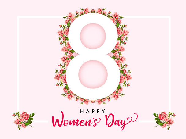 8 Μαρτίου ημέρα ευτυχισμένη γυναικών αυξήθηκε λουλούδι έμβλημα. Φέιγ βολάν πρόσκλησης για την παγκόσμια ημέρα της γυναίκας με κείμενο 8 Μαρτίου στο τριαντάφυλλα στο πλαίσιο - Διάνυσμα, εικόνα