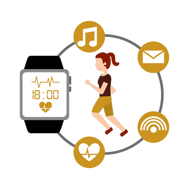 Młoda kobieta kreskówka runner fitness gadżet inteligentny zegarek - Wektor, obraz