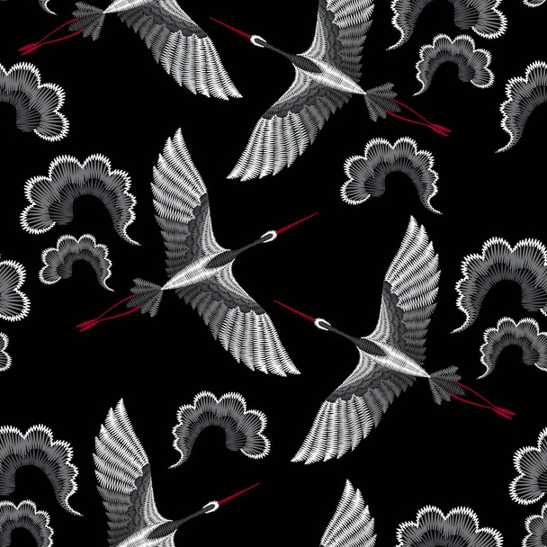 Embroidery seamless pattern with beautiful asian crane. Vector embroidery for fashion textile and fabric. - Vektor, obrázek