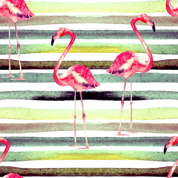 Watercolor Stripes Seamless Pattern with Flamingo. - Photo, Image