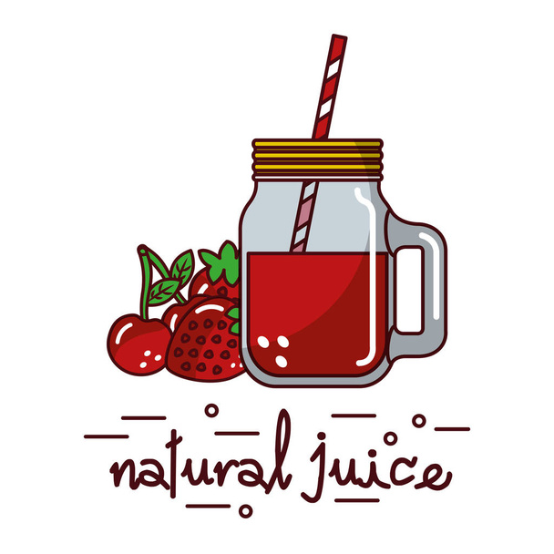 red fruits cherry strawberry natural juice glass and straw - Vector, Imagen