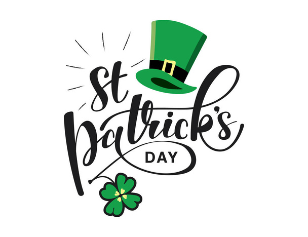 Ręka wektor Saint Patrick's day napis znak z koniczyny pozostawia elementów i ilustracje kapelusz zielony cylinder - Wektor, obraz