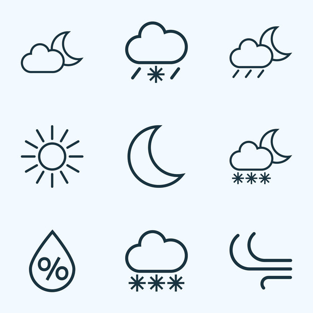 Iconos climáticos estilo de línea con sol, nevadas, viento y otros elementos de brisa. Iconos de clima de ilustración aislada
. - Foto, imagen