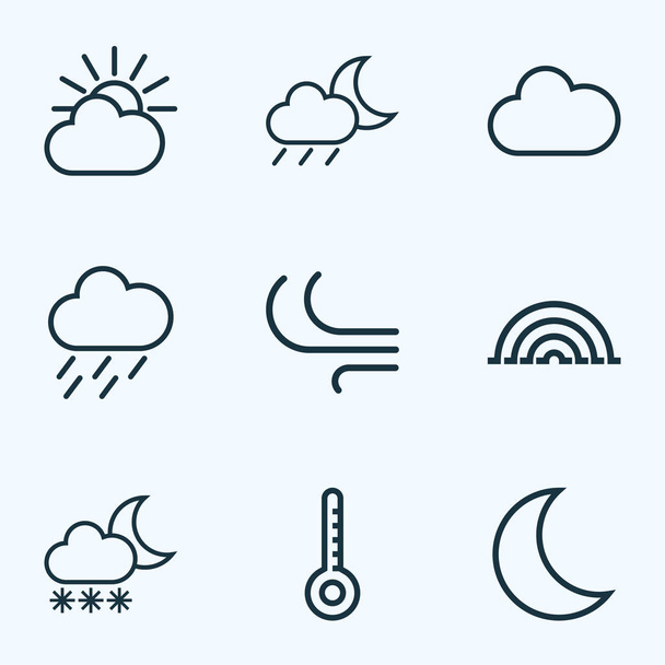 Ikony pogody styl zestaw z wiatru, nigth, łuku i inne elementy temperatura linii. Ilustracja na białym tle ikony pogody. - Zdjęcie, obraz