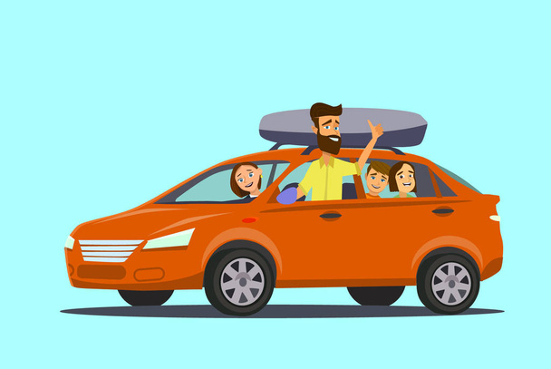 Щаслива сім'я їде на машині у відпустку. Батько, мати, син, дочка і собака вирушають у подорож. Векторні ілюстрації в плоскому стилі
 - Вектор, зображення