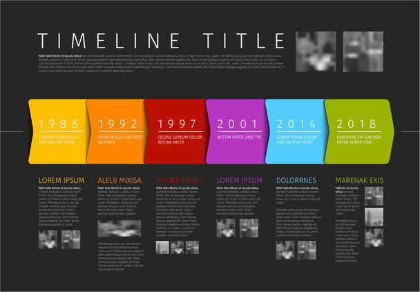 Vector kleurrijke Infographic tijdlijn rapportsjabloon met aanvullende tekst en foto's - donkere versie - Vector, afbeelding