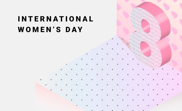 8 March, International Womens Day. Number eight in 3d isometric style on pattern background. Holiday gradient banner for web. - Vektor, obrázek