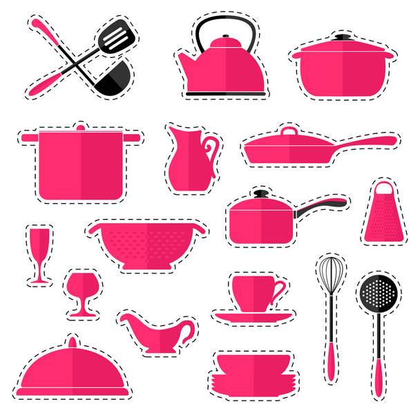 Set of stickers cookware isolated on white background. Kitchen utensils. Vector illustration in a flat style. - Vector, Image