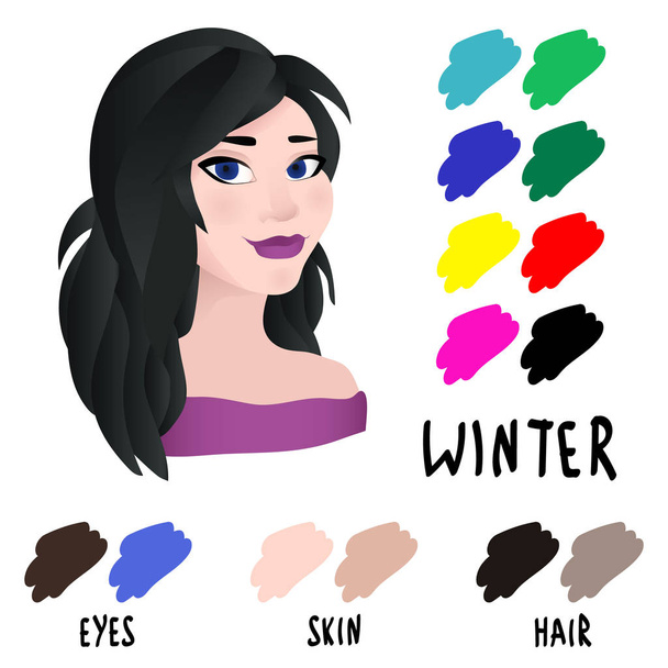 Hisse senedi vektör kış kadın görünüm türü. Genç kadın yüzü. Mevsimlik renk analiz paleti - Vektör, Görsel
