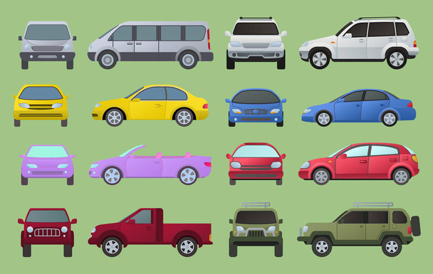 Αυτοκίνητο πόλης διαφορετικό μοντέλο αντικειμένων εικονίδια που πολύχρωμη αυτοκινητική supercar. Τροχός σύμβολο top και πλευρά μπροστινή όψη τους τύπους αυτοκινήτων. Τύπους αυτοκινήτων τροχόσπιτο συλλογή κυκλοφορίας, sedan, minivan φορτηγών αυτοκινήτων - Διάνυσμα, εικόνα
