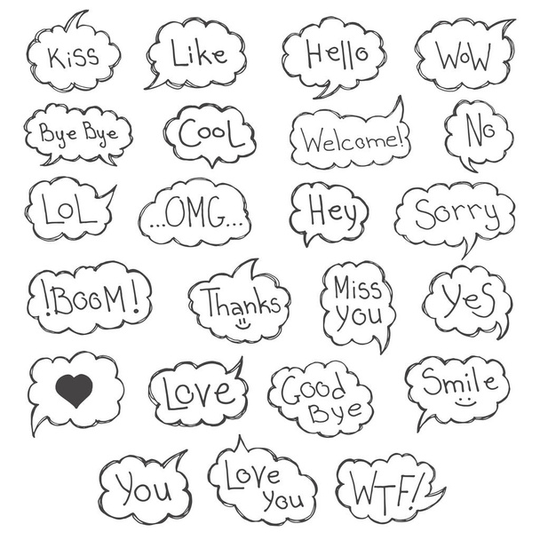 Think and talk speech bubbles. Artistic collection of hand drawn doodle style comic balloon, cloud and heart. Vector illustration in sketch style. - Vector, Image