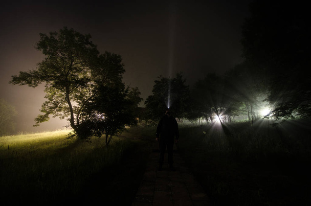 garip siluet geceleri karanlık bir ürkütücü ormandaki mistik manzara korkunç adamla gerçeküstü ışıklar - Fotoğraf, Görsel