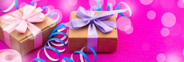 Banner Boxes with gifts on a bright pink background. - Photo, Image