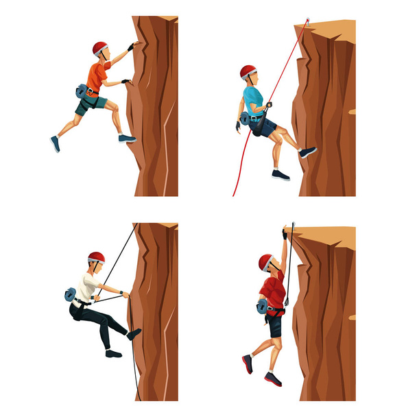 set scene men climbing on a rock mountain with equipment - Vector, Image