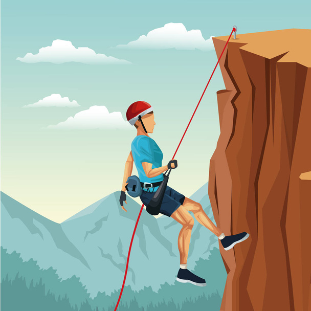 kohtaus maisema mies vuori laskeutuminen laitteiden kanssa kalliokiipeilyä
 - Vektori, kuva
