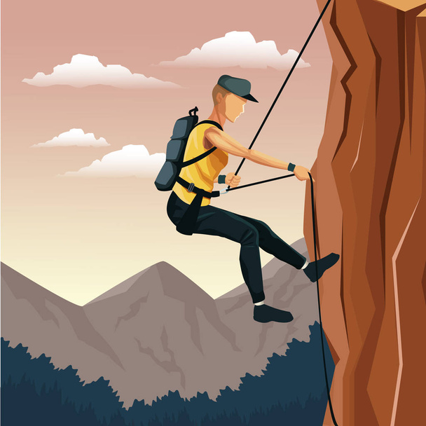 scene landscape man mountain descent with harness rock climbing - Vector, Image