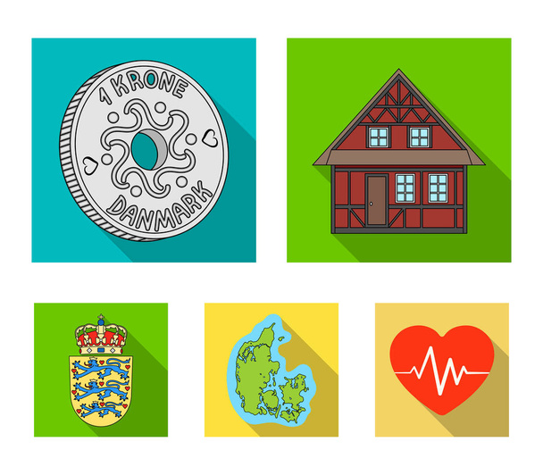Maison, résidentiel, style, et d'autres icônes web dans le style plat. Pays, Danemark, mer, icônes dans la collection set
. - Vecteur, image
