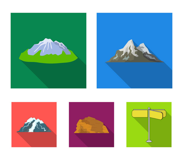 Mountains in the desert, a snowy peak, an island with a glacier, a snow-capped mountain. Different mountains set collection icons in flat style vector symbol stock illustration web. - Vettoriali, immagini