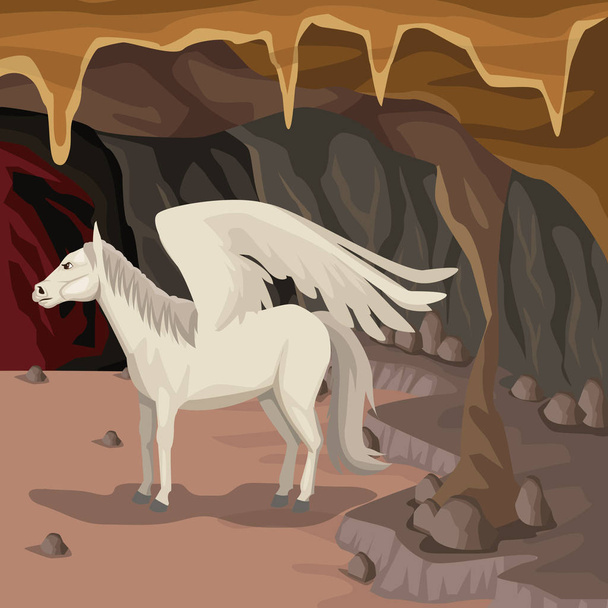 Σπήλαιο εσωτερικό υπόβαθρο με pegasus ελληνικό μυθολογικό πλάσμα - Διάνυσμα, εικόνα