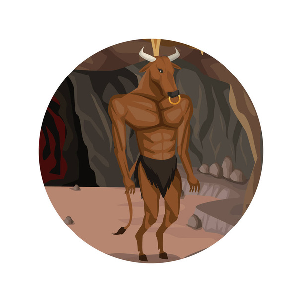 洞窟内部のシーンとミノタウロス ギリシャ神話の生き物と円形フレーム - ベクター画像