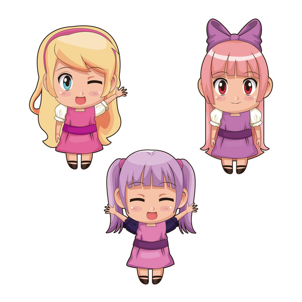 conjunto colorido cuerpo completo lindo anime niñas expresión facial en vestido rosa y lila
 - Vector, imagen