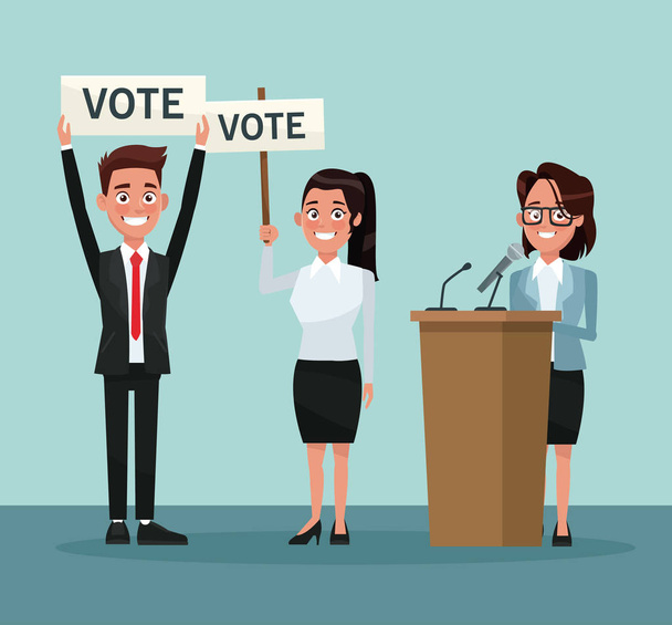 background scene set people in formal suit with banner promoving voting and female candidate in presentation - Vector, Image