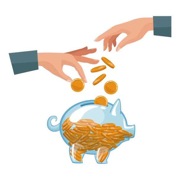 Menschen paaren Hände, die Münzen in einem Sparschwein deponieren - Vektor, Bild