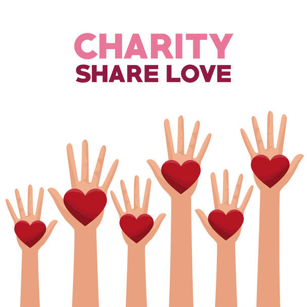 farbenfrohe Hände mit Herz in Palmen Charity teilen Liebe - Vektor, Bild