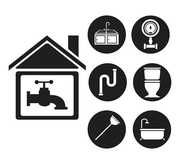fekete sziluettje ház csaptelep és vízvezeték-szerelési készlet ikonok - Vektor, kép
