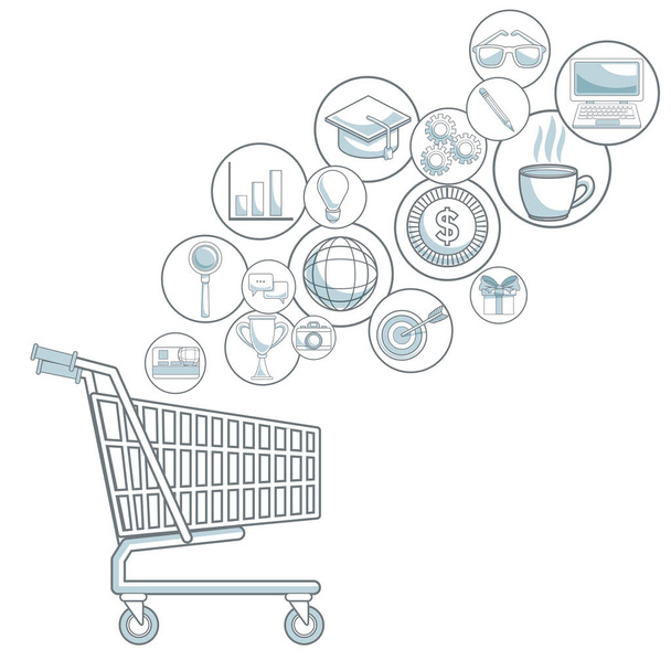 fondo blanco con secciones de color del carrito de compras con iconos de burbujas marketing digital
 - Vector, Imagen