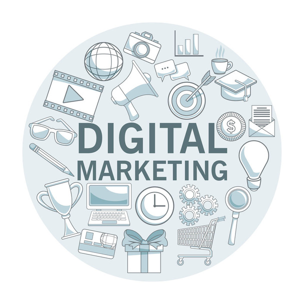 fondo blanco con secciones de color de marco circular con iconos de marketing digital
 - Vector, Imagen
