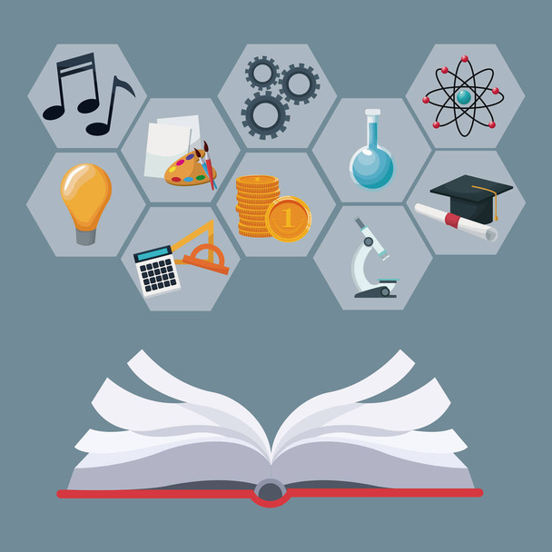open book with gray color geometric abstract figures with icons academic knowledge - Vector, Image