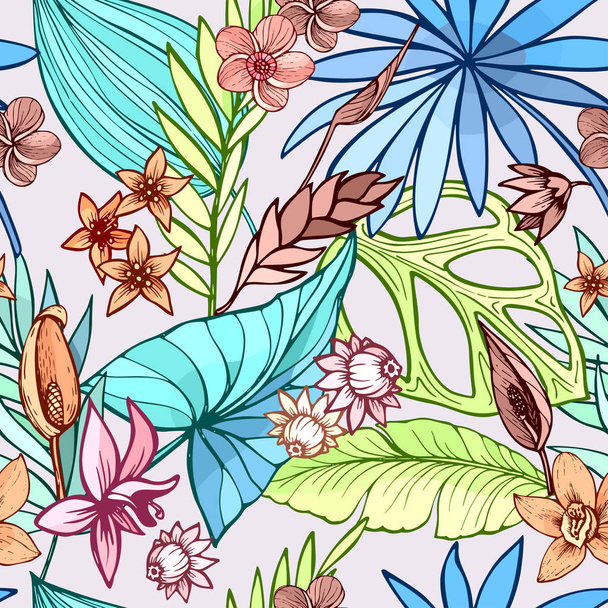 vektör Dikişsiz güzel sanatsal parlak tropikal desen muz, Syngonium ve Dracaena yaprak, yaz plaj eğlencesi ile renkli özgün şık çiçek arka plan yazdırma, fantastik orman - Vektör, Görsel