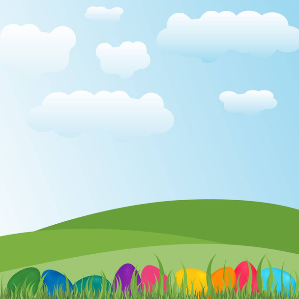 Huevos coloridos de Pascua en un fondo de paisaje
 - Vector, Imagen