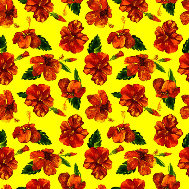Watercolor Seamless Pattern. Hand Painted Illustration of Tropical Leaves and Flowers. Tropic Summer Motif with Hibiscus Pattern. - Foto, Imagen