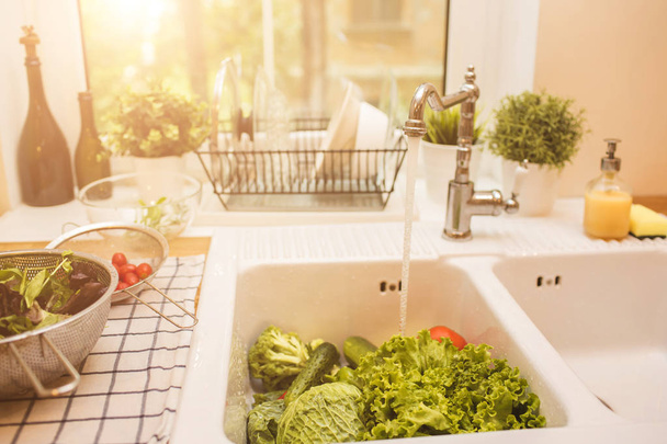 Vegetables lie in the sink near the window - Photo, Image