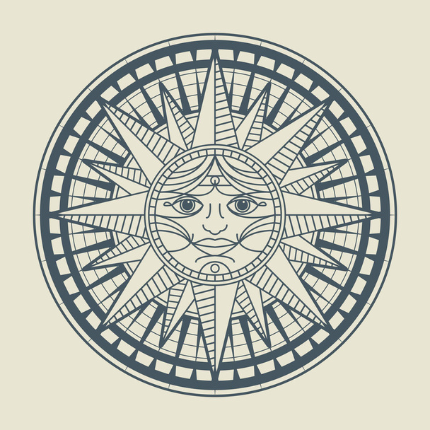 Vintage sun face compass rose - Vector, Image