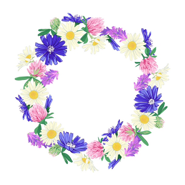 Wildflowers wreath isolated on white - Vector, imagen