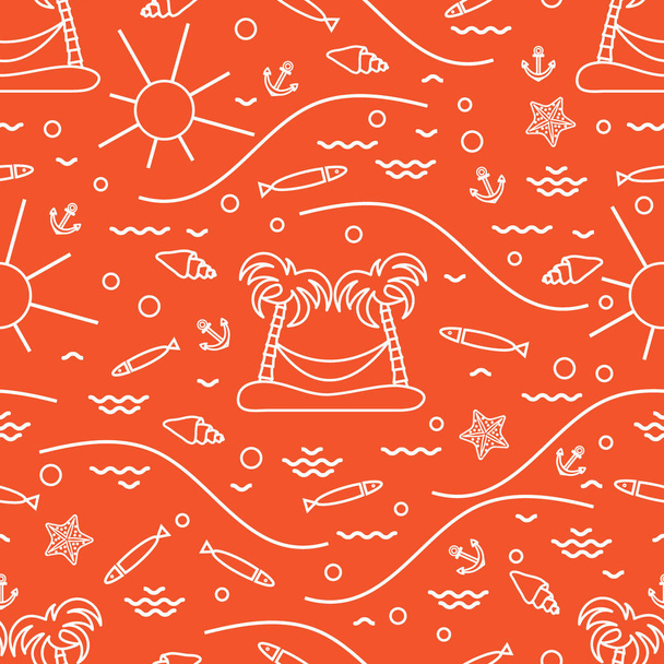 Cute seamless pattern with fish, island with palm trees and a ha - Vektor, Bild