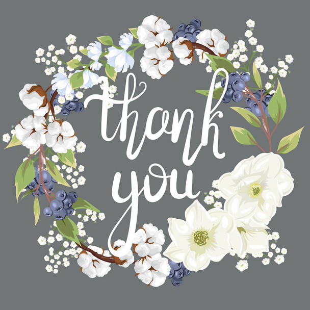 Thank you. Hand-written lettering. Beautiful floral wreath  - Vector, Image