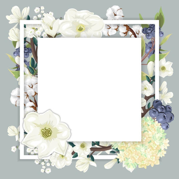 Square template with beautiful white flowers and blue berries - Vektori, kuva