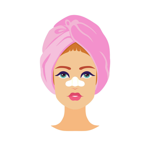 Beautiful young European appearance woman in pink towel on head and cleansing nose pore strip on her face. Health and beauty spa treatment. Cute vector cartoon illustration with girl avatar - Vecteur, image