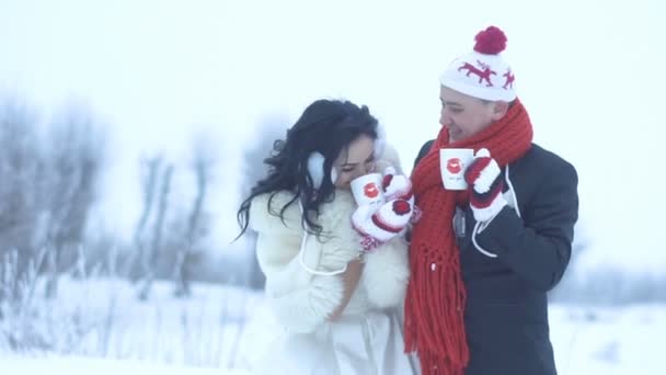 Portrait of the charming cheerful young couple of newlyweds in wedding clothes, funny hats and gloves drinking tea or coffee while tenderly hugging on the snowy meadow. - Footage, Video