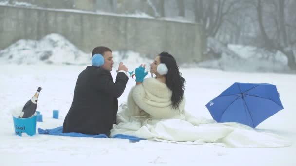 Wedding winter picnic in blue colour. The rear view of the happy couple of newlyweds laughing while drinking champagne and kissing. - Кадры, видео