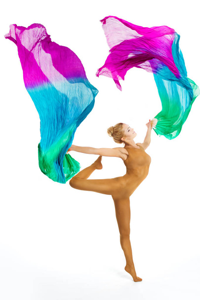 Gymnast Dance With Flying Colorful Fabric, Gymnastics and Aerobics, Dancing Acrobat in Leotard - Foto, afbeelding