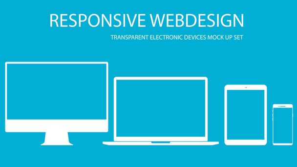 Ploché-Responsive webdesign nastavení, zobrazení, notebook, tablet a mobilní telefony elektronické zařízení, ikony šablony izolované na modrém pozadí, Eps 10 vektorové ilustrace. - Vektor, obrázek