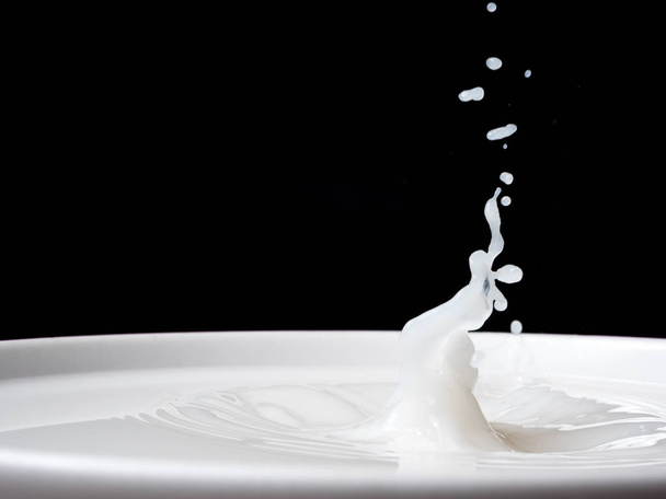 Splash of milk from a cup on black background. - Photo, Image