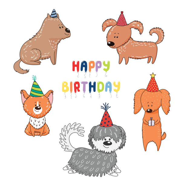 Disegnato a mano simpatici simpatici cani dei cartoni animati in cappelli da festa con testo Buon compleanno, vettore, illustrazione
  - Vettoriali, immagini